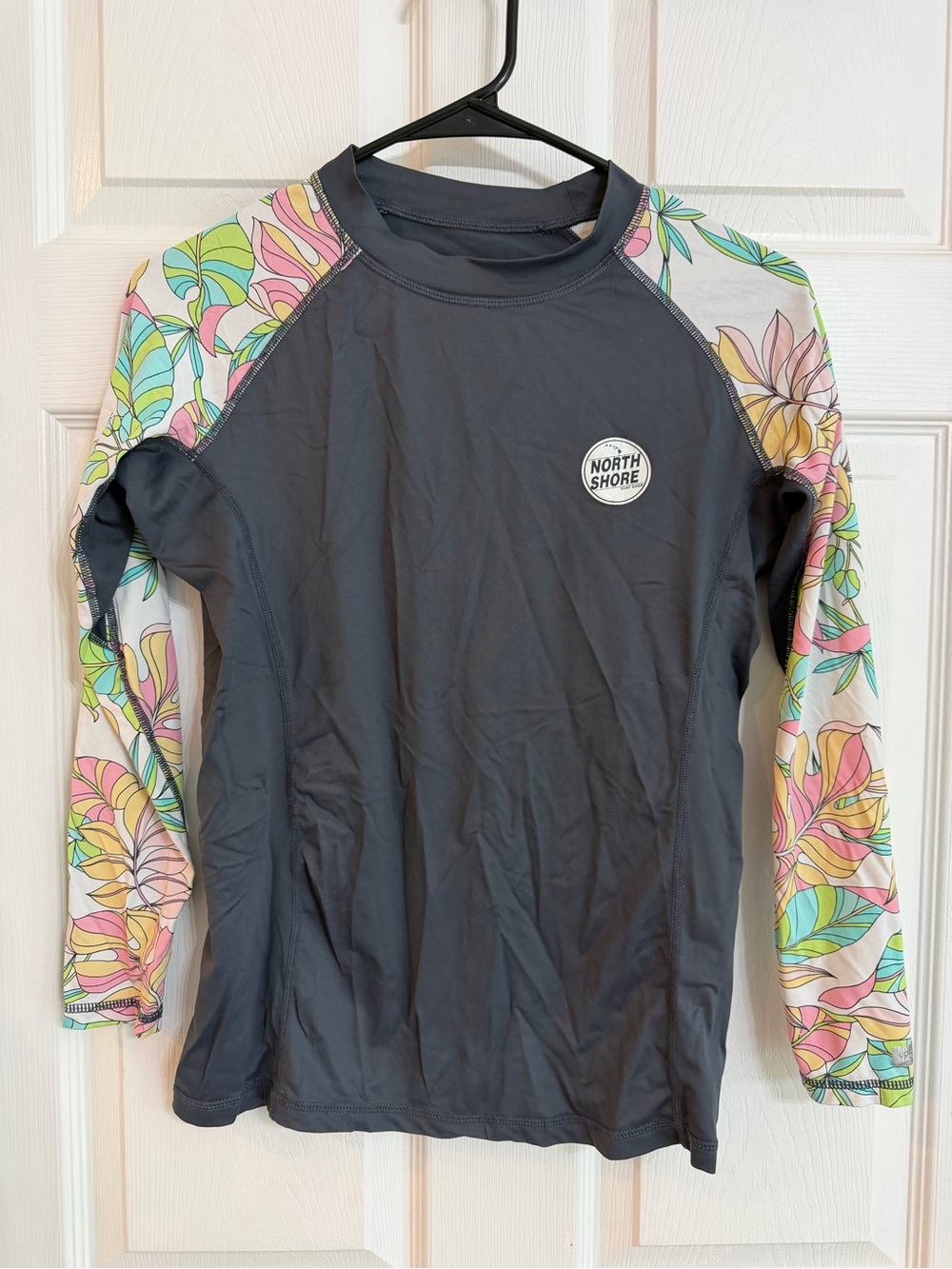 North Shore Gray Rash Guard with Tropical Print Sleeves